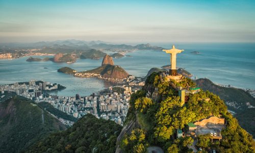 RIO DE JANEIRO, BRAZIL - FEBRUARY 2016: Aerial view of Christ and Botafogo Bay from high angle.