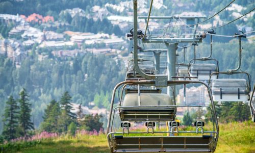 Chair lift in beautiful mountan scenario.