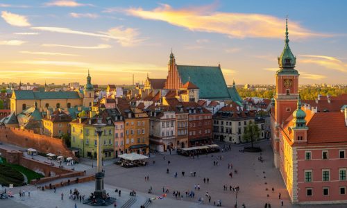 Warsaw, Royal castle and old town at sunset