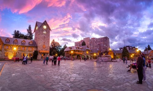 Civic Center (Centro Civico) and main square in downtown Bariloche at sunset - Bariloche, Patagonia, Argentina