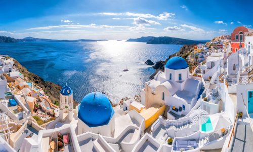 Great twilight view of Santorini island. Sunset on the famous Oia city, Greece, Europe