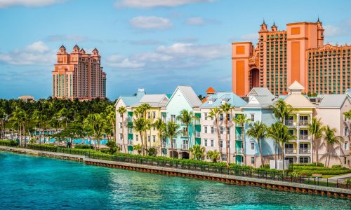 Colorful houses along the waterfront at the ferry terminal of Paradise Island, Nassau, Bahamas.