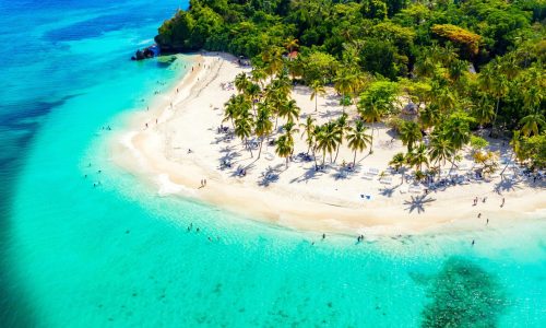 Vacation background. Travel concept. Aerial drone view of beautiful caribbean tropical island with palms and turquoise water. Banner wide format.