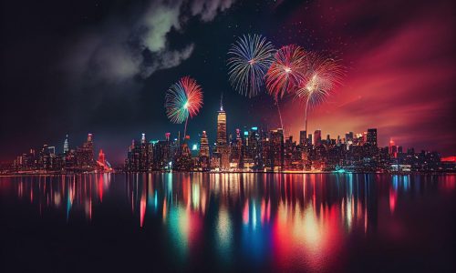 New Years Eve with colorful Fireworks over New York City skyline long exposure. AI generated. Generative AI
