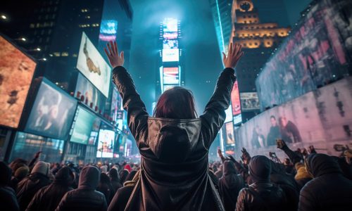 A girl with her arms towards the sky,  stands in the crowd of people celebrating New Year's Eve in Times Square, Manhattan, New York