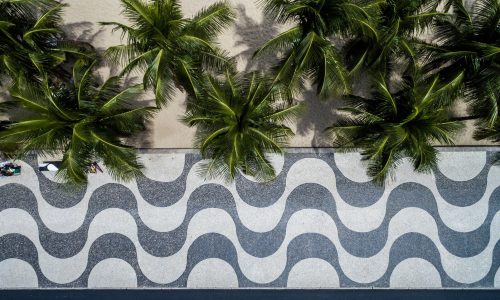 Top View of Copacabana beach with mosaic of sidewalk in Rio de J